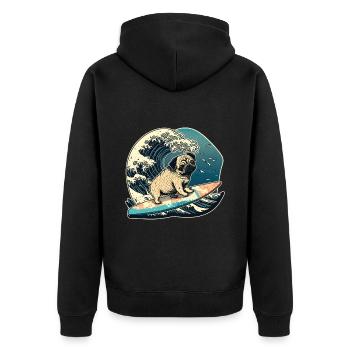 Mops Kanagawa Japanische Kunst - Unisex Premium Bio Zip Hoodie - Schwarz - Hinten - Nico (187cm)