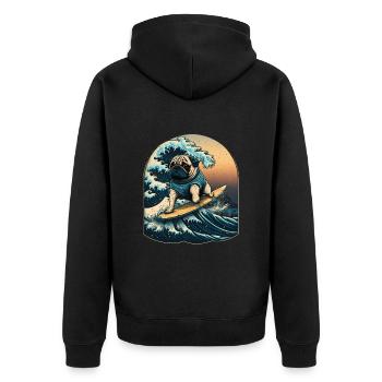 Mops Kanagawa Japanische Kunst - Unisex Premium Bio Zip Hoodie - Schwarz - Hinten - Nico (187cm)