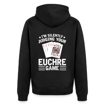 Beurteilen Sie Ihr Euchre-spiel - - Unisex Premium Bio Zip Hoodie - Schwarz - Hinten - Nico (187cm)