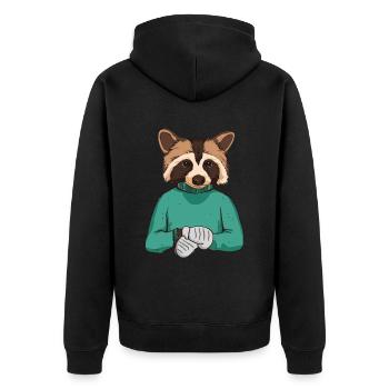 Waschbär trägt gestrickten Pullover - Waschbär - Unisex Premium Bio Zip Hoodie - Schwarz - Hinten - Nico (187cm)