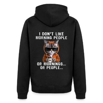 Morning People Coffee Cat - Unisex Premium Bio Zip Hoodie - Schwarz - Hinten - Nico (187cm)