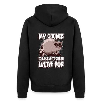 Mein Coonie ist wie Kleinkind mit Fell Waschbär - Unisex Premium Bio Zip Hoodie - Schwarz - Hinten - Nico (187cm)
