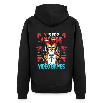 V Is For Video Games Valentinstag Gamer - Unisex Premium Bio Zip Hoodie - Schwarz - Hinten - Nico (187cm)