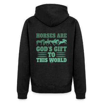 Pferde sind ein Geschenk Gottes Spruch - Unisex Premium Bio Zip Hoodie - Schwarz - Hinten - Nico (187cm)