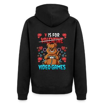V Is For Video Games Valentinstag Gamer - Unisex Premium Bio Zip Hoodie - Schwarz - Hinten - Nico (187cm)