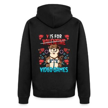 V Is For Video Games Valentinstag Gamer - Unisex Premium Bio Zip Hoodie - Schwarz - Hinten - Nico (187cm)