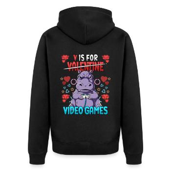 V Is For Video Games Valentinstag Gamer - Unisex Premium Bio Zip Hoodie - Schwarz - Hinten - Nico (187cm)