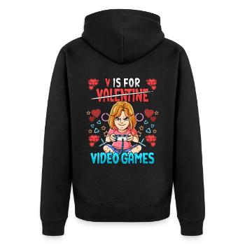 V Is For Video Games Valentinstag Gamer - Unisex Premium Bio Zip Hoodie - Schwarz - Hinten - Nico (187cm)