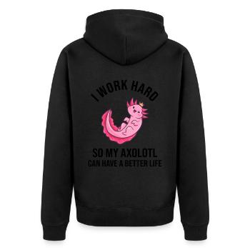 I Work Hard So My Axolotl Can Have - Unisex Premium Bio Zip Hoodie - Schwarz - Hinten - Nico (187cm)