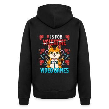 V Is For Video Games Valentinstag Gamer - Unisex Premium Bio Zip Hoodie - Schwarz - Hinten - Nico (187cm)
