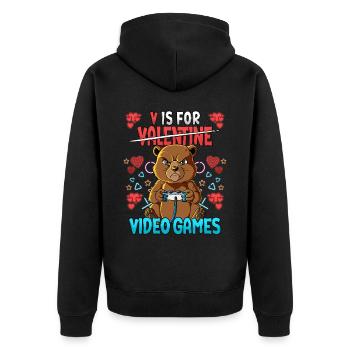 V Is For Video Games Valentinstag Gamer - Unisex Premium Bio Zip Hoodie - Schwarz - Hinten - Nico (187cm)