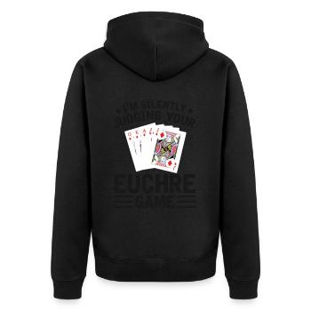 Beurteilen Sie Ihr Euchre-spiel - - Unisex Premium Bio Zip Hoodie - Schwarz - Hinten - Nico (187cm)