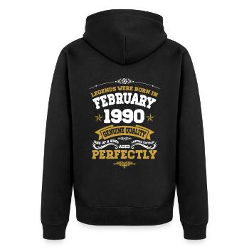 Vintage Aged To Perfection February 1990 - Unisex Premium Bio Zip Hoodie - Schwarz - Hinten - Nico (187cm)