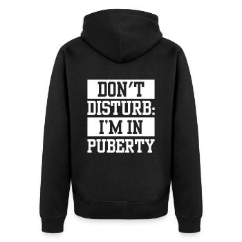 Bitte Nicht Stören: Ich Bin In Der Pubertät - Unisex Premium Bio Zip Hoodie - Schwarz - Hinten - Nico (187cm)