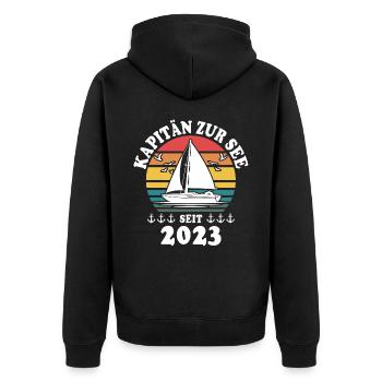 Kapitän 2023 Bootsführerschein Boot - Unisex Premium Bio Zip Hoodie - Schwarz - Hinten - Nico (187cm)
