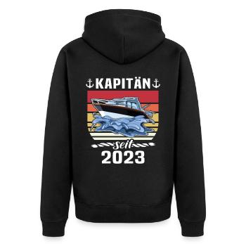 Kapitän Boot Bootsführerschein 2023 - Unisex Premium Bio Zip Hoodie - Schwarz - Hinten - Nico (187cm)