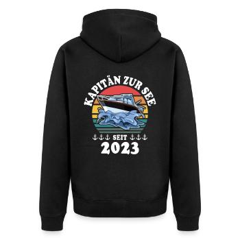 Kapitän Boot Bootsführerschein 2023 - Unisex Premium Bio Zip Hoodie - Schwarz - Hinten - Nico (187cm)