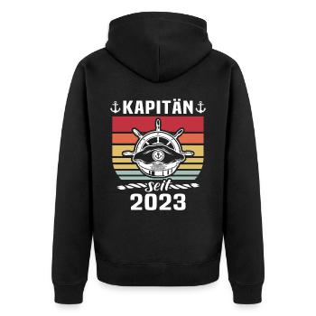 Kapitän Boot Bootsführerschein 2023 - Unisex Premium Bio Zip Hoodie - Schwarz - Hinten - Nico (187cm)