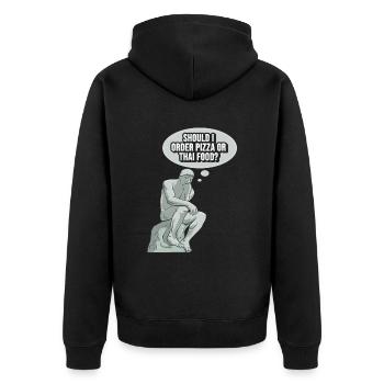 Denker Statue Pizza Design für einen Philosophen - Unisex Premium Bio Zip Hoodie - Schwarz - Hinten - Nico (187cm)