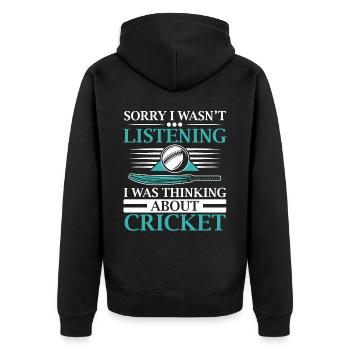 Ich hörte nicht zu, ich dachte an Cricket - Unisex Premium Bio Zip Hoodie - Schwarz - Hinten - Nico (187cm)
