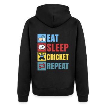 Essen Schlaf Cricket Wiederholungs-Cricketspieler Cricketspieler - Unisex Premium Bio Zip Hoodie - Schwarz - Hinten - Nico (187cm)
