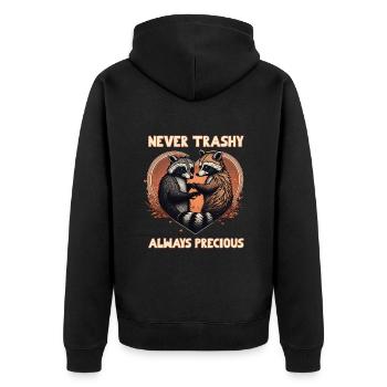 Raccoon Love Never Trashy Alway Precious - Unisex Premium Bio Zip Hoodie - Schwarz - Hinten - Nico (187cm)