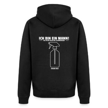 Ich bin ein Mann. Ich putze alles mit Glasreiniger - Unisex Premium Bio Zip Hoodie - Schwarz - Hinten - Nico (187cm)
