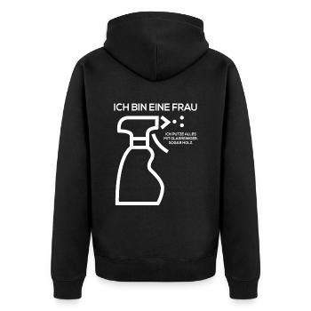 Ich bin eine Frau Ich putze alles mit Glasreiniger - Unisex Premium Bio Zip Hoodie - Schwarz - Hinten - Nico (187cm)