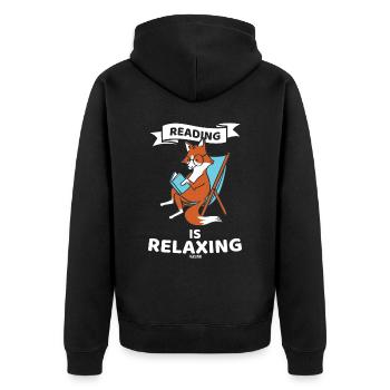 Buch lesen Fuchs im Liegestuhl - Unisex Premium Bio Zip Hoodie - Schwarz - Hinten - Nico (187cm)