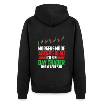 Day Trading Day Trader Morgens Müde Abends Blau - Unisex Premium Bio Zip Hoodie - Schwarz - Hinten - Nico (187cm)