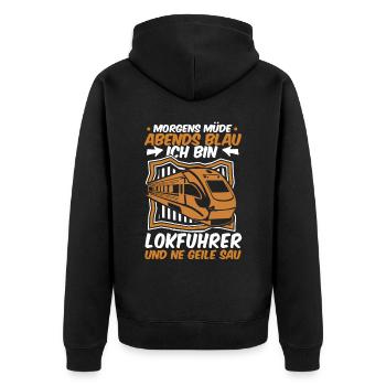 Lokführer Zugführer Morgens Müde Abends Blau - Unisex Premium Bio Zip Hoodie - Schwarz - Hinten - Nico (187cm)