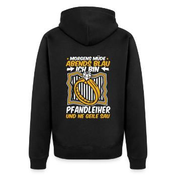 Pfandleiher Morgens Müde Abends Blau - Unisex Premium Bio Zip Hoodie - Schwarz - Hinten - Nico (187cm)