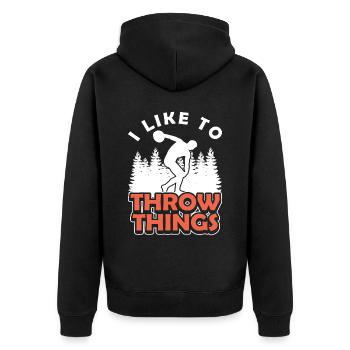 Diskus I Like To Throw Things Diskuswerfer - Unisex Premium Bio Zip Hoodie - Schwarz - Hinten - Nico (187cm)