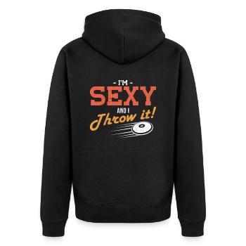 Diskus Im Sexy And I Throw It Diskuswerfer - Unisex Premium Bio Zip Hoodie - Schwarz - Hinten - Nico (187cm)