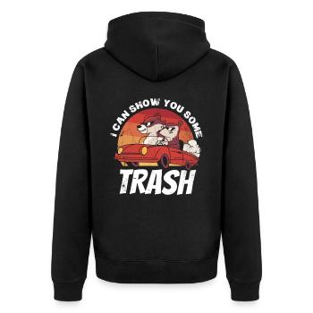 Ich Kann Dir Etwas Müll Zeigen - Unisex Premium Bio Zip Hoodie - Schwarz - Hinten - Nico (187cm)
