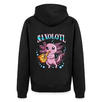 Molch Axolotle spielt Instrument Saxophon Saxolotl - Unisex Premium Bio Zip Hoodie - Schwarz - Hinten - Nico (187cm)