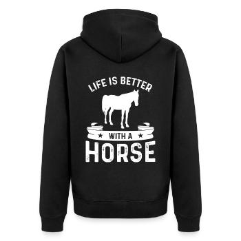 Das Leben ist besser mit einem Pferd - Unisex Premium Bio Zip Hoodie - Schwarz - Hinten - Nico (187cm)