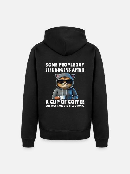 Coffee Cat Coffee Drinker - Unisex Premium Organic Zip Hoodie - black