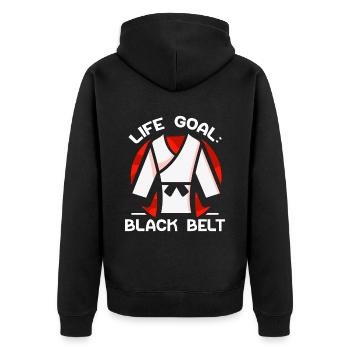 Lebensziel: Schwarzer Gürtel MMA Schwarzgurt Gur - Unisex Premium Bio Zip Hoodie - Schwarz - Hinten - Nico (187cm)