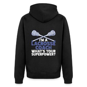 Lacrosse Coach Stick - Unisex Premium Organic Zip Hoodie - black - Back - Nico (187cm)
