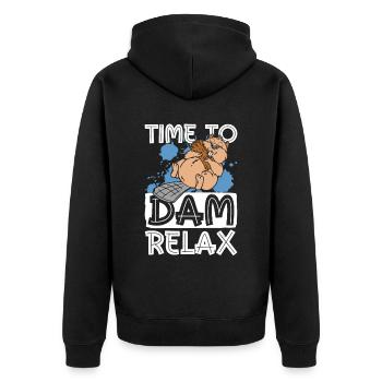 Zeit zum Entspannen - Lustiger Biber - Unisex Premium Bio Zip Hoodie - Schwarz - Hinten - Nico (187cm)