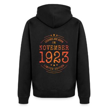 Anniversaire Novembre 1923 Edition Limitée Millésime - Veste à capuche bio Premium Unisexe - noir - Dos - Nico (187cm)