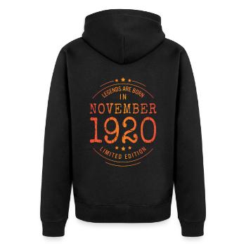Anniversaire Novembre 1920 Edition Limitée Millésime - Veste à capuche bio Premium Unisexe - noir - Dos - Nico (187cm)