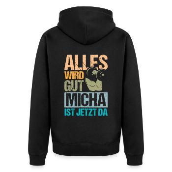 Alles wird gut Micha ist da - Unisex Premium Bio Zip Hoodie - Schwarz - Hinten - Nico (187cm)
