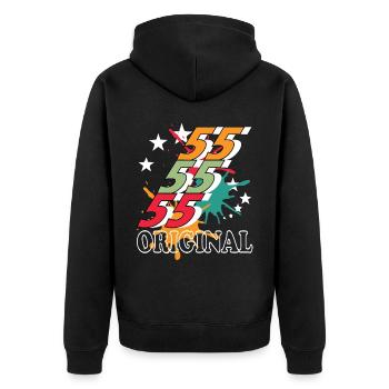 55 Jahre alt, Geburtsspruch - Unisex Premium Bio Zip Hoodie - Schwarz - Hinten - Nico (187cm)