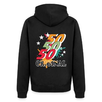 50 Jahre alt, Geburtsspruch - Unisex Premium Bio Zip Hoodie - Schwarz - Hinten - Nico (187cm)