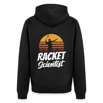 Schläger Wissenschaftler Racket Scientist - Unisex Premium Bio Zip Hoodie - Schwarz - Hinten - Nico (187cm)