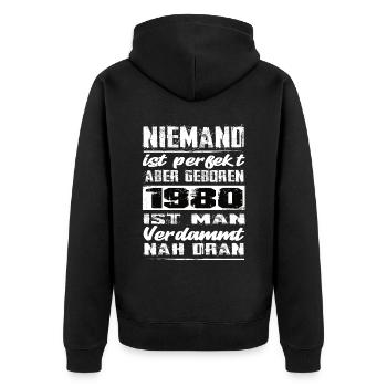 Niemand Is Perfekt Aber geboren 1980 Geburtstag - Unisex Premium Bio Zip Hoodie - Schwarz - Hinten - Nico (187cm)