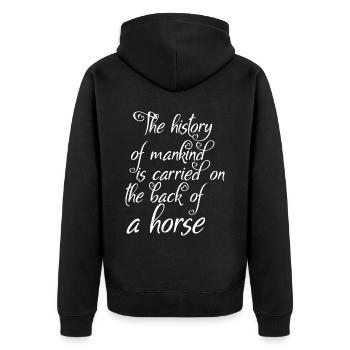 The history of Manking will be on the back of a - Unisex Premium Organic Zip Hoodie - black - Back - Nico (187cm)