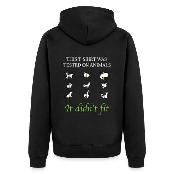 This T-Shirt Was Tested On Animals - Unisex Premium Organic Zip Hoodie - black - Back - Nico (187cm)